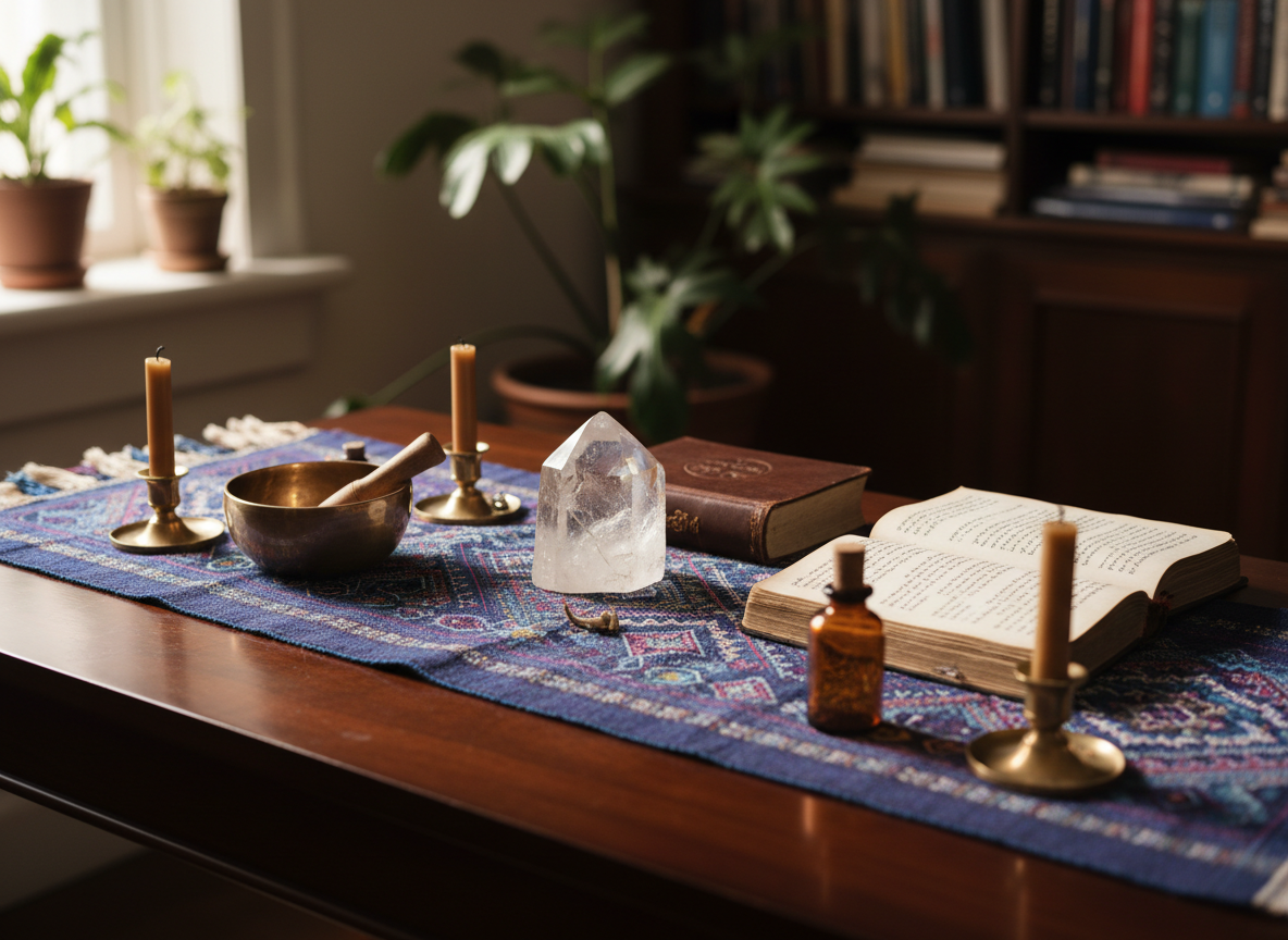 A meticulously arranged altar-like table made of dark, polished wood, covered with an intricate woven textile in deep purples and midnight blues. At its center rests a large, clear quartz crystal beside an open, aged notebook filled with illegible handwritten symbols. Surrounding them are unlit candles, a brass singing bowl, and a small, closed amber glass bottle, all carefully spaced to suggest contemplation rather than use. Soft, diffused golden hour light enters from an unseen window, casting long, gentle shadows and subtle reflections on the crystal. Shot at eye level in photographic realism with a shallow depth of field, the foreground objects are in sharp focus while the background melts into a velvety bokeh of indistinct bookshelves and plants, creating a refined, mystical yet grounded atmosphere.