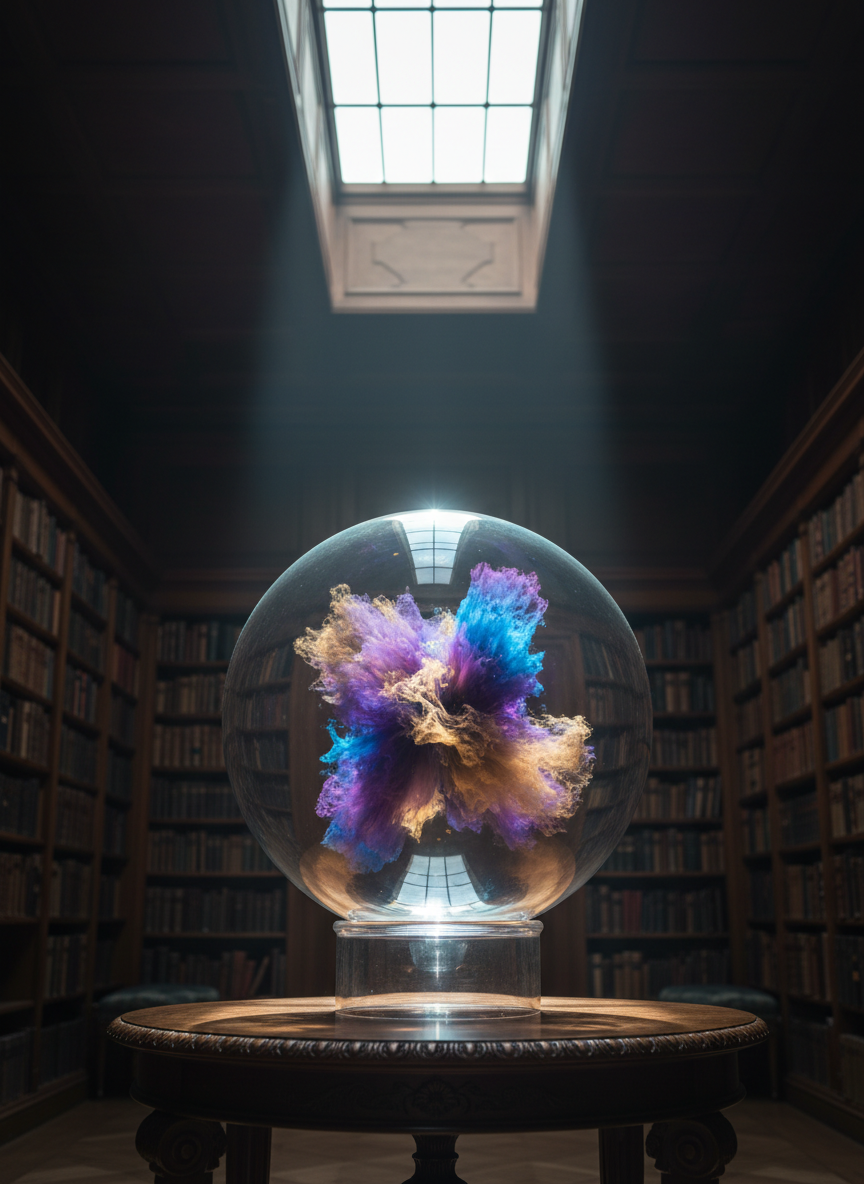 Inside a dim, wood-paneled library, a single, large globe-like glass sculpture floats within a transparent stand on a pedestal table. Inside the glass sphere swirl vivid, cloud-like colors—deep violets, electric blues, and soft golds—evoking a psychedelic inner cosmos without depicting specific substances. Shelves of indistinct, leather-bound books fade into shadow behind it. A skylight above casts a concentrated shaft of cool, natural light directly onto the orb, causing subtle prismatic reflections on the polished table surface and the nearby wall. Captured at a slightly low angle in photographic realism, the composition isolates the sphere as the central point of focus with a shallow depth of field, creating a mysterious yet elegant atmosphere that hints at expanded consciousness, mystical experience, and philosophical exploration.