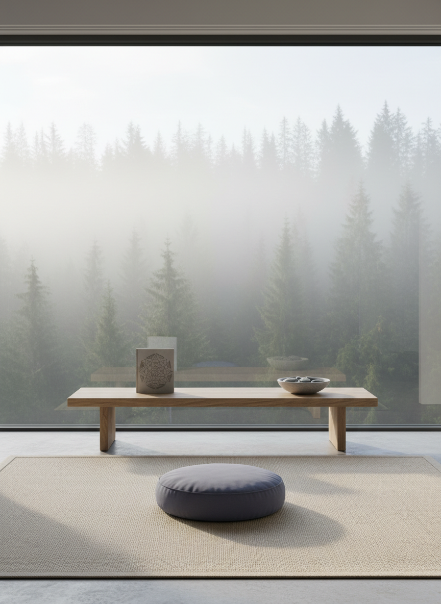 A serene, minimalist meditation space with a single round cushion in muted indigo placed on a natural linen rug, centered before a large floor-to-ceiling window overlooking a mist-covered forest. On a low, pale oak bench rests a closed hardcover book embossed with a subtle geometric mandala, next to a simple ceramic bowl containing smooth river stones. Morning fog filters the daylight, creating soft, silvery illumination with almost no harsh shadows. The photographic composition follows the rule of thirds from a slightly elevated angle, emphasizing empty space and clean lines. The mood is contemplative and sophisticated, inviting introspection about consciousness and the mystical without any overt symbolism. The image is crisp and realistic, with fine detail in fabric textures and the faint silhouettes of trees dissolving into the distance.