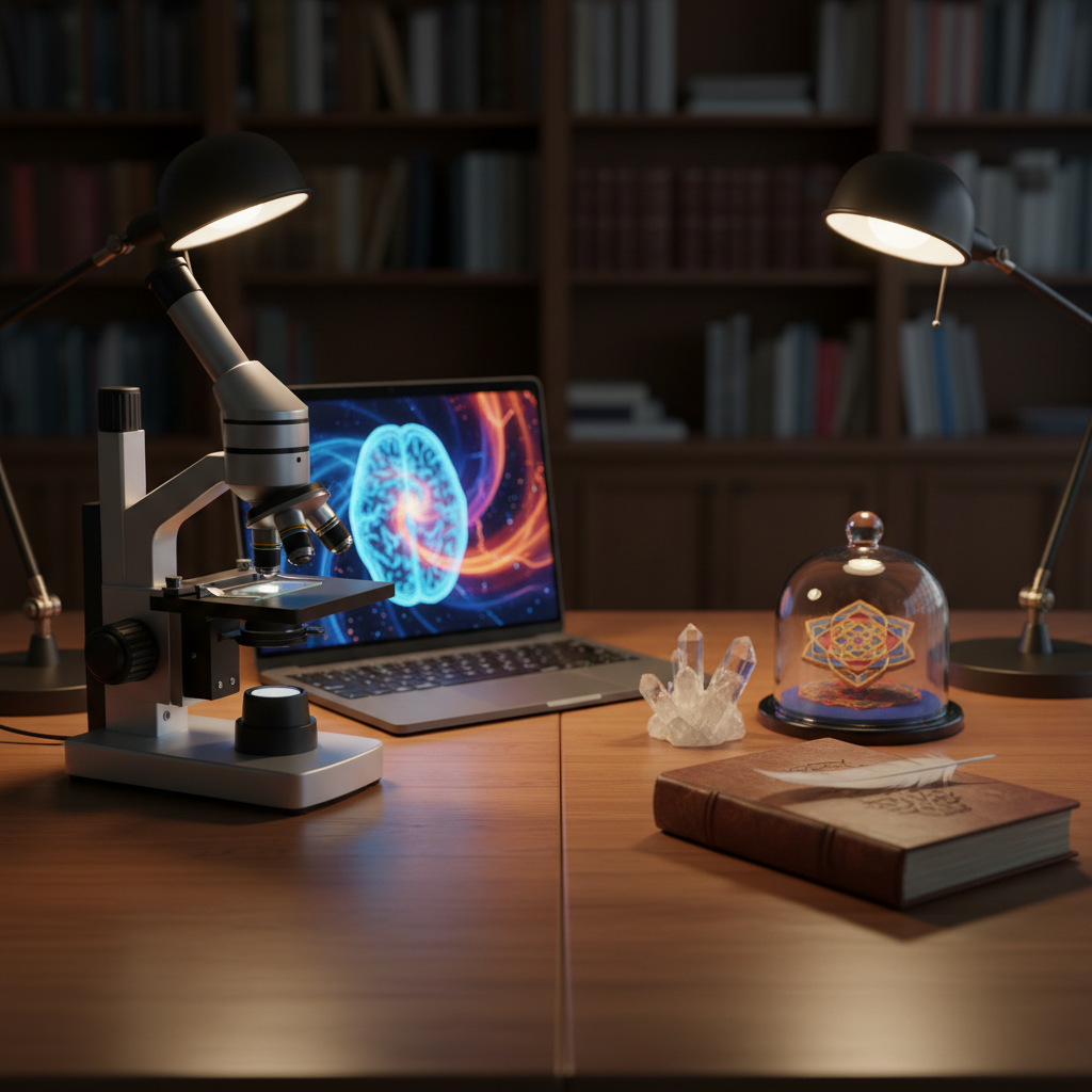 A close-up, photographic view of a polished wooden desk where science and mysticism meet: on one side, a sleek, modern microscope and a laptop displaying an abstract, colorful brain scan, on the other, a small cluster of crystals, a sand mandala under glass, and a single feather resting atop a closed leather journal. The background is a softly blurred wall of dark bookshelves filled with diverse, indistinct book spines. Warm, focused desk lamps create a chiaroscuro effect, highlighting the metallic gleam of instruments and the translucent facets of the crystals while leaving the edges of the room in gentle shadow. Shot at a three-quarter angle with medium depth of field, the composition balances both sides of the desk, evoking a refined, intellectually curious atmosphere that bridges ancestral wisdom and contemporary science.