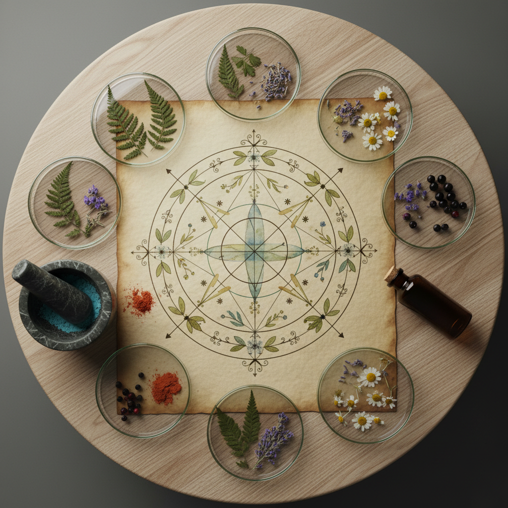 An overhead photographic shot of a round, low wooden table displaying an intricate, circular diagram hand-drawn on thick parchment, combining abstract geometry, plant motifs, and star patterns without recognizable religious symbols. Around the diagram lie neatly arranged botanical specimens in small glass dishes, a mortar and pestle with powdered pigments, and a closed, dark glass vial, all suggesting careful study rather than consumption. Soft, diffused studio lighting falls evenly across the scene, enhancing the fibrous texture of the paper and the vivid, natural colors of leaves and petals. The composition is perfectly centered, with the diagram as the focal point and the tools radiating outward, creating a contemplative, scholarly mood. The aesthetic is clean, sophisticated, and realistic, blending the feel of an alchemist’s workspace with a modern research lab.