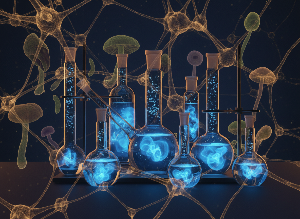 Investigación científica sobre consciencia: cristalería de laboratorio con líquido bioluminiscente azul y redes neuronales doradas